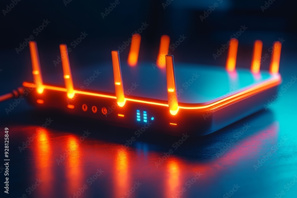 Aufkleber a wi-fi router with multiple connected devices, glowing leds showing active connections, seamless an