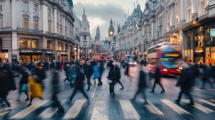 Obraz premium Panoramic Shot of People Walking in the City of London, Blurred for Dynamic Effect