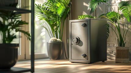 A black safe sits on a wooden floor next to a potted plant. The sun shines through the window, casting shadows on the floor.