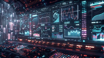 digital interface with AI-driven algorithms optimizing a complex system, visualized with dynamic graphs and charts