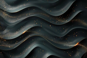 Obraz premium Abstract black and gold wavy background with glowing particles.