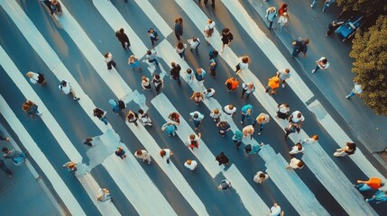 Obraz premium Aerial Perspective of People on a Pedestrian Crosswalk in a Busy City
