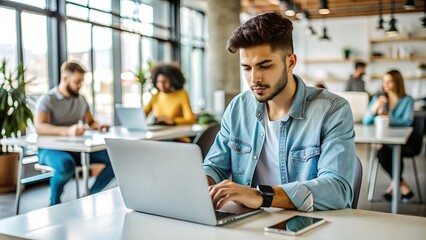 Young Man Working on Laptop in Office.