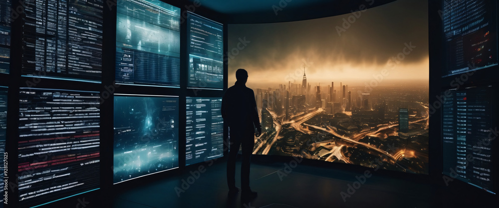 Poster a silhouette of a person standing in front of a giant digital screen with a flow of data showing var