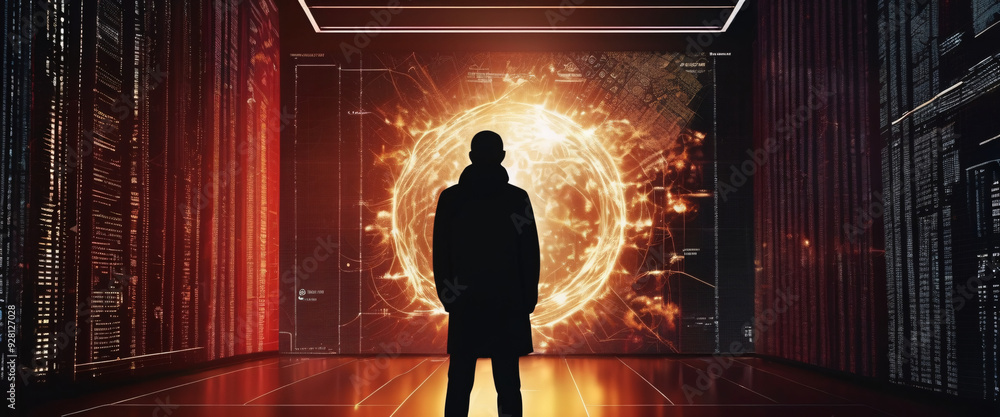 Poster a silhouette of a person standing in front of a giant digital screen with a flow of data showing var