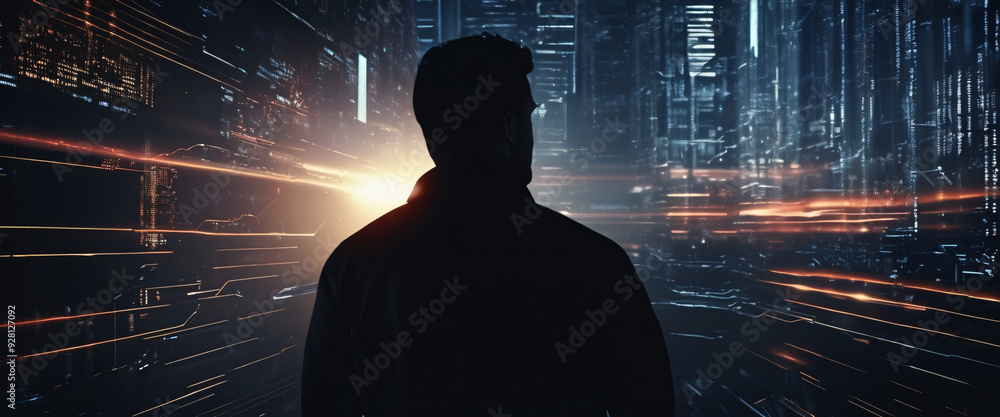 Poster a silhouette of a person standing in front of a giant digital screen with a flow of data showing var