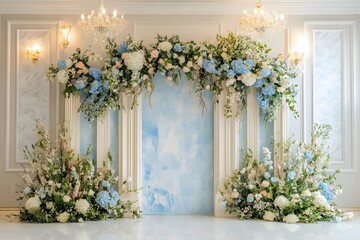 Blue and Floral Wedding Backdrop with Natural Light.