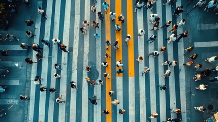 Obraz premium Aerial Perspective of People on a Pedestrian Crosswalk in a Busy City