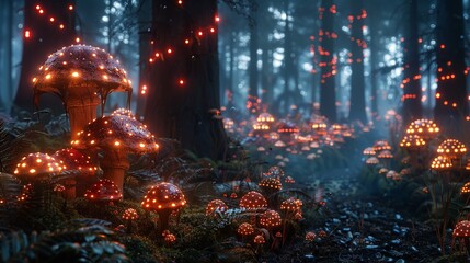 a forest with mushrooms and fairy lights, A magical forest filled with glowing mushrooms.