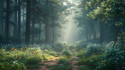 Obraz premium A verdant green landscape with a winding path leading through a dense forest, inviting exploration and adventure.