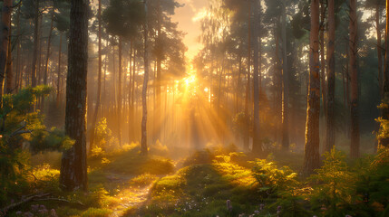 Forest and field background at sunset