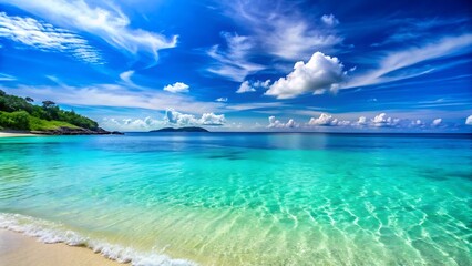 Fototapeta premium Tropical Beach with Clear Blue Water and White Clouds.