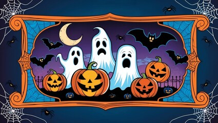 Colorful Halloween scene with ghosts, jack-o'-lanterns, and bats.