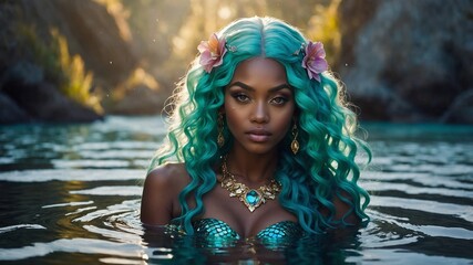 A stunning mermaid portrait with turquoise hair and floral adornments.