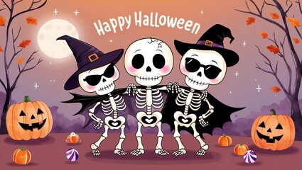 Cheerful skeletons in Halloween attire under a full moon.