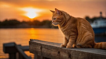 Orange cat on a dock at sunset.
