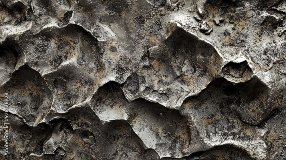 Poster detailed close-up texture of rough rocky surface with various indentations and irregular patterns