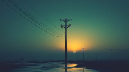 Silhouettes of Power Lines Against a Sunset Sky