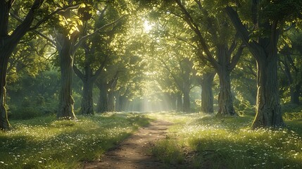 Obraz premium Serene Forest Pathway Bathed in Morning Light Surrounded by Tall Green Trees. Generative AI