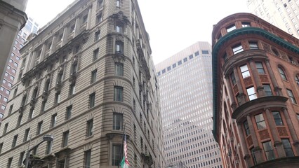Fototapeta premium New York City Lower Manhattan, Downtown Financial District architecture, United States. Restaurant building, William street, Beaver street corner, USA. American urban street, red brick house.
