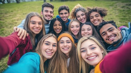 Group of Excited Young Friends Taking a Selfie Together