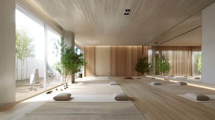 Minimalist yoga studio with natural light and open space for calm exercise environment modern wellness interior balance and harmony design concept.