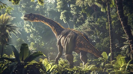 A large dinosaur stands in a lush jungle.