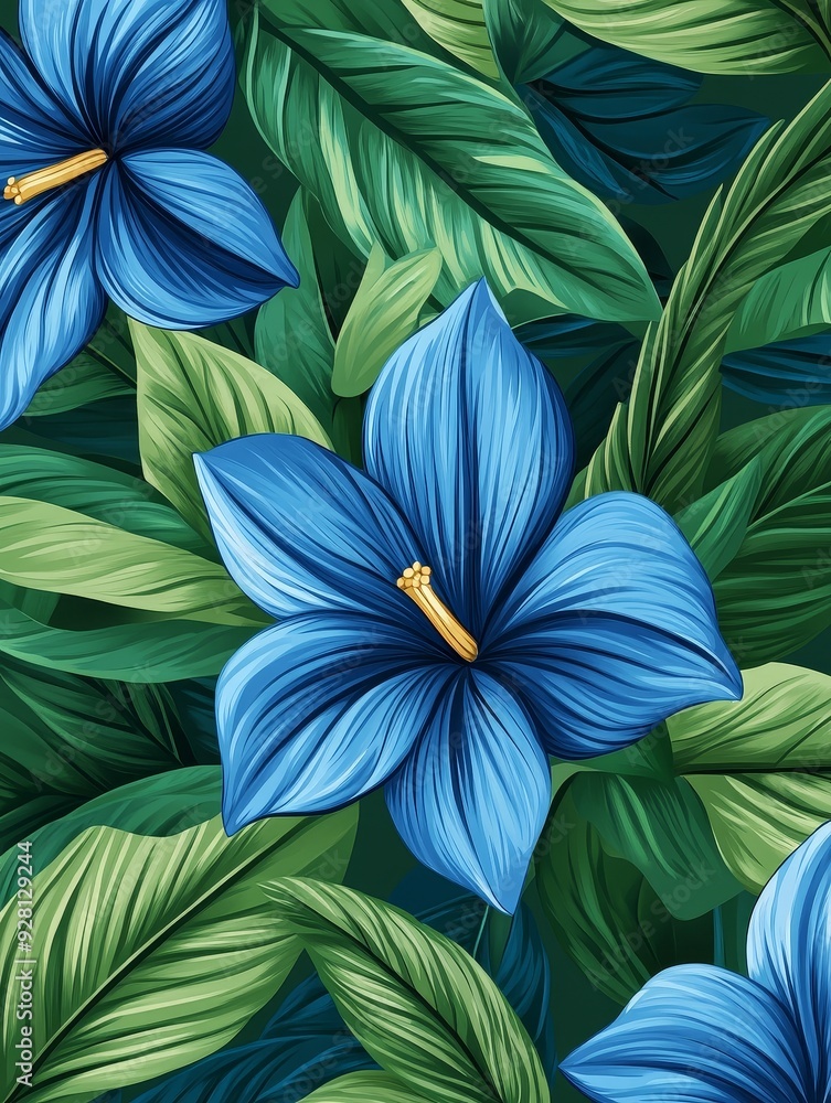 Sticker A close-up of two stunning blue flowers, showcasing intricate details, nestled amongst vibrant green leaves, symbolizing growth, nature, tranquility, beauty, and abundance.