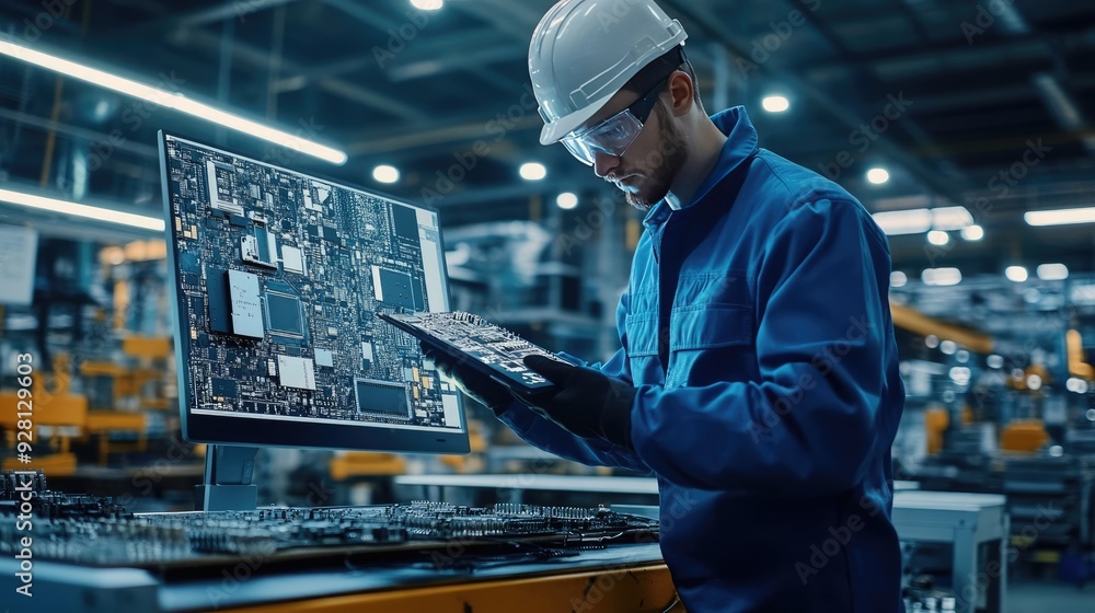 Canvas Prints Engineer Reviews Motherboard Against Digital Twin 3D Model on Computer in High-Tech Factory