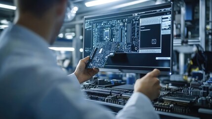 Engineer Reviews Motherboard Against Digital Twin 3D Model on Computer in High-Tech Factory