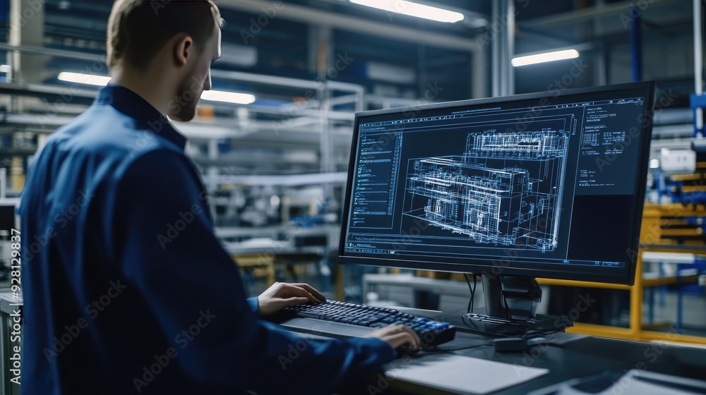 Canvas Prints engineer reviews motherboard against digital twin 3d model on computer in high-tech factory