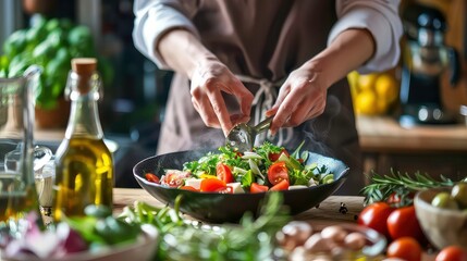 Naklejka premium A person is preparing a salad with fresh vegetables.