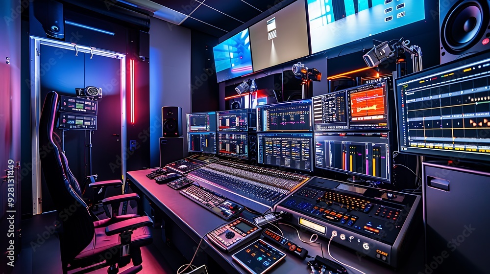 Poster professional audio and video editing studio with high-end monitors and soundproof walls for post-pro