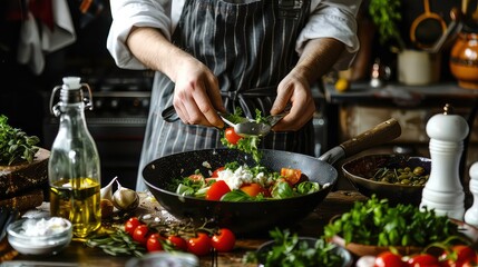 A chef in a striped apron adds fresh ingredients to a pan, including tomatoes, herbs, and cheese.