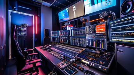 Professional audio and video editing studio with high-end monitors and soundproof walls for post-production workflow and creative multimedia content creation concept.