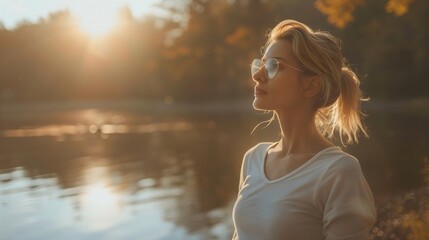A serene moment by the water, with a woman enjoying the tranquil surroundings as the sun sets, casting a warm glow over the landscape and reflecting on the calm surface of the lake.

