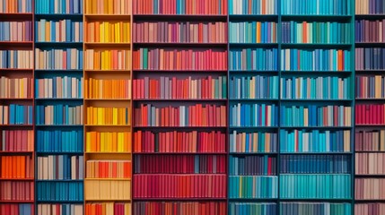 Obraz premium Orderly Array of Colorful Books on Bookshelf: Aesthetic Neat Grid with Symmetrical Literary Charm