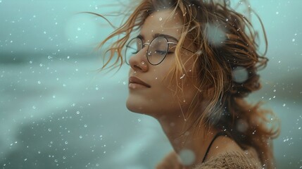 A Serene Portrait of a Young Woman in Glasses, Eyes Closed, with Windswept Hair and Gentle Raindrops Against a Softly Blurred Background, Capturing a Moment of Tranquility and Reflection

