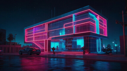 Obraz premium Illustration of futuristic building view with glowing neon lamp effect on the night