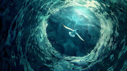 Majestic bird flying through a swirling vortex of ocean waves, capturing a powerful and surreal moment of nature's dynamic force