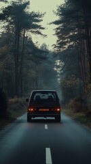 SUV in Dutch Forest Road with Mysterious Atmosphere.
