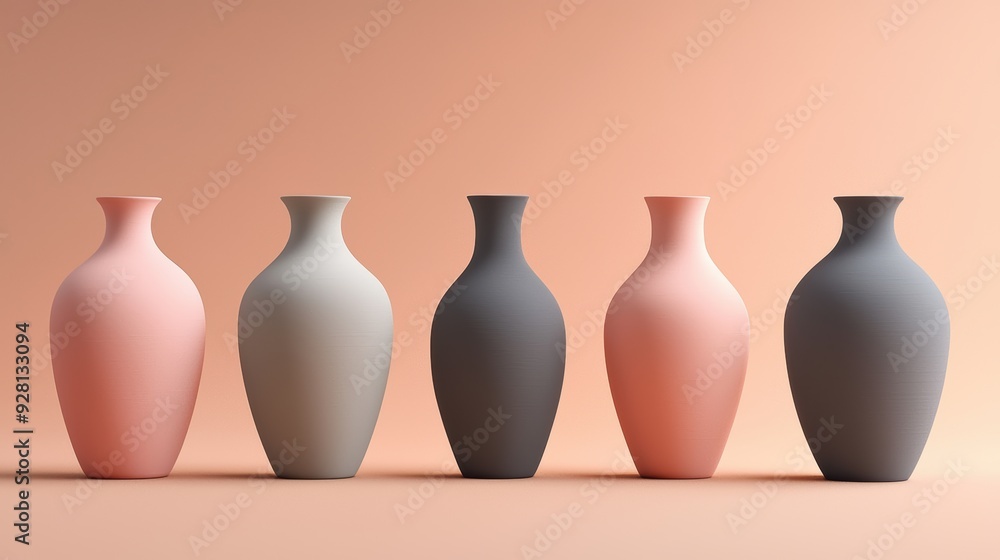Poster symmetrical pottery vases display against a soft peach background