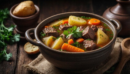 Halal beef soup with potatoes, carrots, and parsley, served in a rustic ceramic bowl.