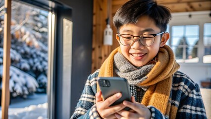 Happy Boy Using Smartphone in Winter.