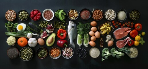 Assortment of Healthy Foods in Bowls and on a Black Background
