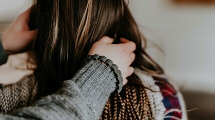 relaxing massage session, showing hands with gray rubber bracelets gently massaging a woman's scalp. soft focus and warm lighting enhance the calm and soothing atmosphere, perfect for stress relief