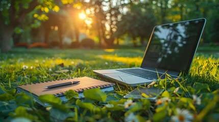Laptop and Notebook on Green Grass with Sunlight Filtering Through Trees