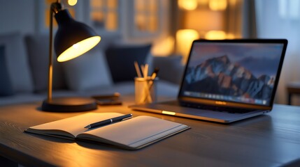 A Cozy Evening Workstation with an Open Notebook, Lamp, and Laptop in a Softly Lit Home Office Environment

