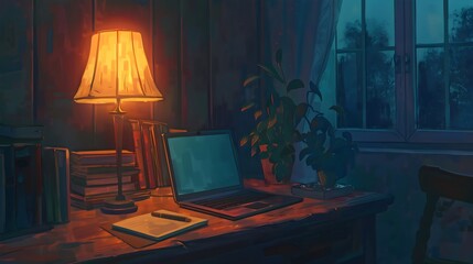 A Cozy Nighttime Study Corner with a Warm Lamp, Open Laptop, and Stack of Books on a Wooden Desk by a Window


