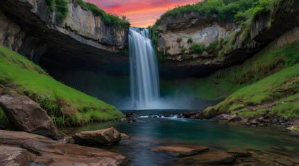 Obraz premium Majestic Waterfall Cascading Over Cliffside, Surrounded by Lush Greenery and Rocks